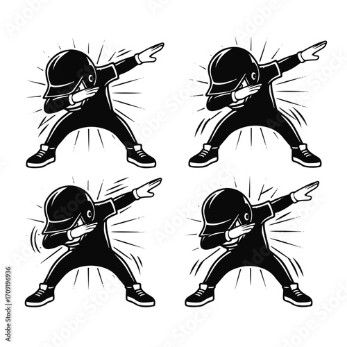 Set of four identical black silhouette illustrations of a baseball player performing the dab dance move with a starburst background.