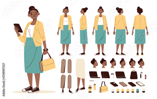 Casual business woman holding smartphone. Character constructor for animation. Front, side and back view set. Body parts, postures, poses collection. Vector illustration. 
