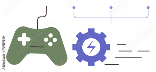 Green gaming controller, purple gear with lightning bolt, workflow connections, and linear symbols. Ideal for gaming, technology, process management, innovation, connection creativity and teamwork