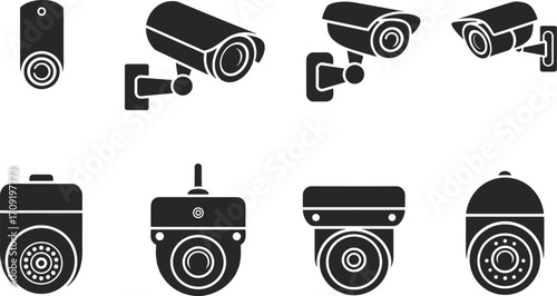 Security camera icons, surveillance silhouettes, wall-mounted designs, dome cameras, front view styles, editable vector set, CCTV graphic pack