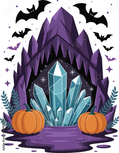 Mysterious purple crystal cave entrance with glowing blue crystals and flying bats for halloween