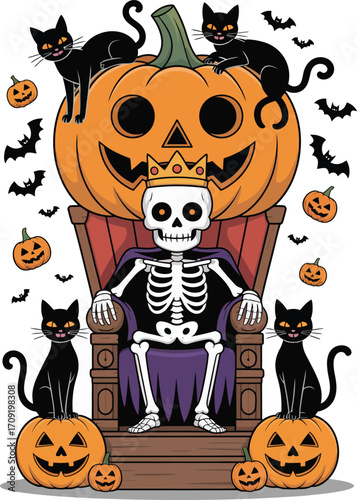 Skeleton king on throne with black cats and pumpkins for spooky halloween celebration