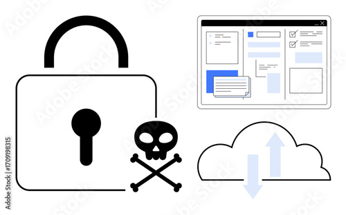 Padlock highlighting security, skull emphasizing threat, cloud with uploaddownload arrows, web page with data access. Ideal for security, data protection, IT systems, hacking, cloud risks warning
