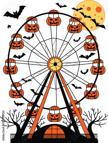Spooky halloween ferris wheel with pumpkin cabs and bats under a full moon