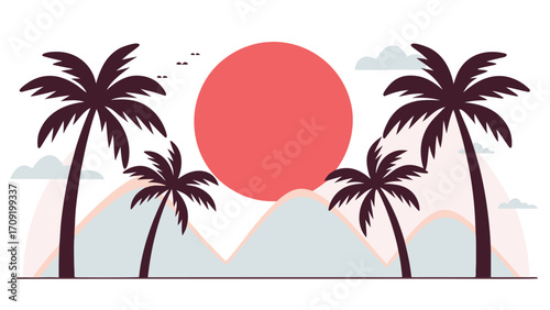 Tropical sunset with palm trees and mountains clouds