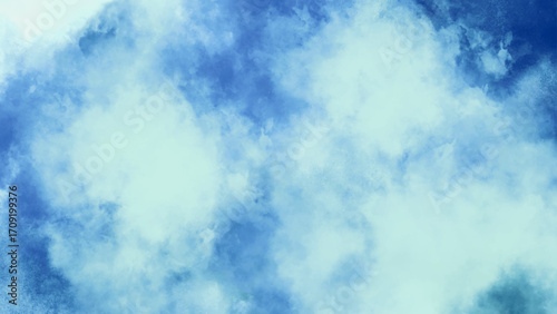  Watercolor-style image of a light blue and white cloudy sky. Blue and white clouds.