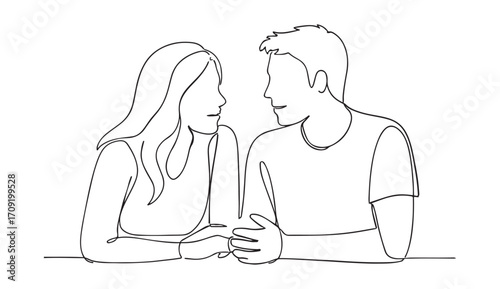 one line drawing of Young couple talking and sharing a moment together