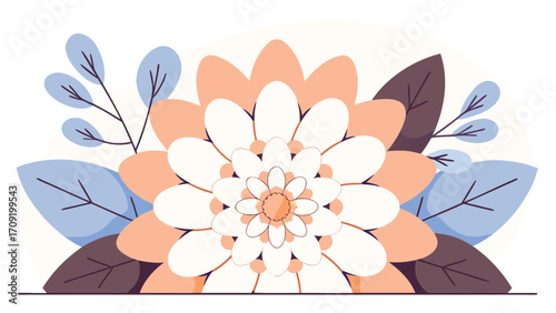 Layered floral design with peach white and blue leaves bloom petals