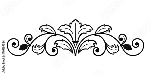 Ornate black floral scrollwork with swirling leaves and buds white