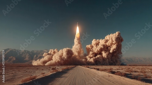 Fototapeta Naklejka Na Ścianę i Meble -  Space rocket launching in arid desert with smoke and flames