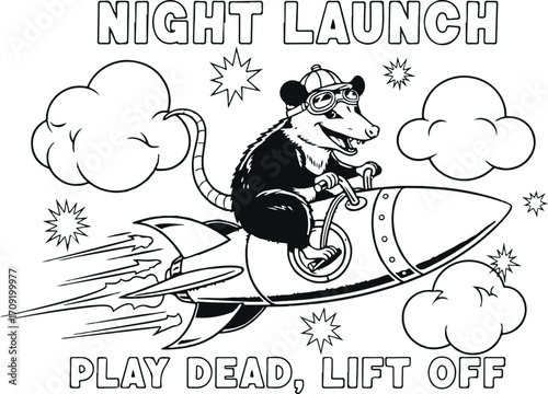 Rocket-Riding Rat Illustration – Night Launch Cartoon with Helmet, Goggles, and Play Dead Lift Off Text