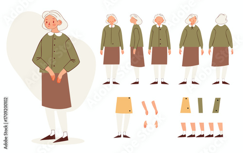 Elderly woman character constructor for animation. Front, side and back view set. Body parts, postures, poses collection. Vector illustration. 
