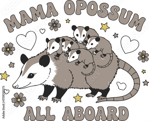 Mama Opossum with Babies Illustration – Cute Cartoon Animal Family with Hearts, Stars, and Flowers