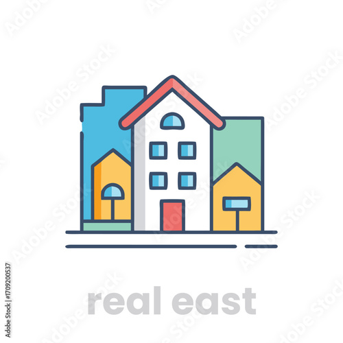 Real estate building icon isolated on white background, a colorful icon design featuring house, apartment, and office building in a simple and modern style