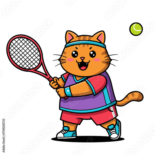 A cheerful orange tabby cat in a purple and red tennis outfit swings a red racket toward a green ball, smiling widely in a playful sports scene.