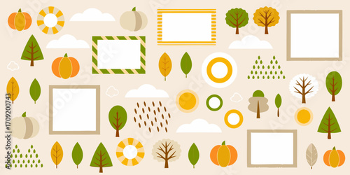Autumnal Decorative Elements and Frames on Beige Background Keywords: autumn, fall, leaves