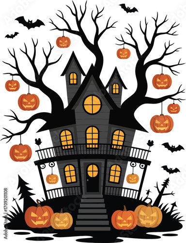 Spooky haunted house with glowing windows and pumpkins under a dark eerie halloween night sky