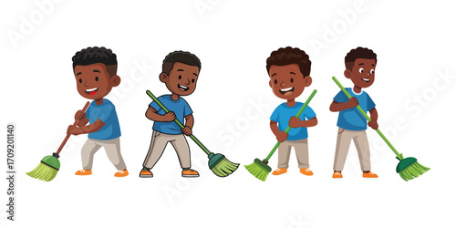 Cartoon kids are happily sweeping with the brooms.