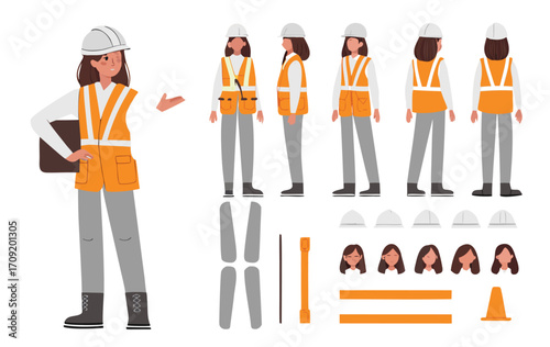 Woman construction engineer in helmet, vest, uniform. Character constructor for animation. Front, side and back view set. Body parts, postures, poses collection. Vector illustration.