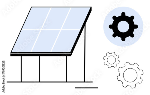 Solar panel on supporting structure and gear icons signifying energy transformation, clean energy, and innovation. Ideal for sustainability, renewable energy, technology, efficiency, green solutions
