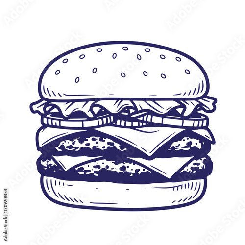 Delicious hand drawn illustration of a juicy double cheeseburger with fresh ingredients.