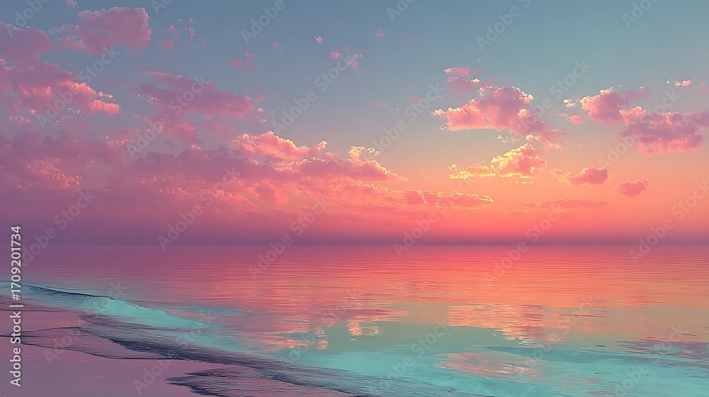 Fototapeta premium Beautiful seascape with calm ocean horizon and soft pastel sunset sky occupying majority of composition, perfect natural background for travel, holiday promotion and inspirational campaigns.