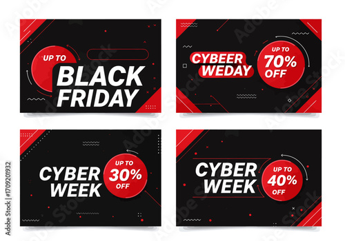 Set of modern promotional banners with dynamic red and black geometric design for online sales