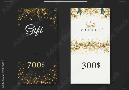 Elegant holiday gift vouchers and discount coupons with festive golden glitter designs, perfect for seasonal promotions