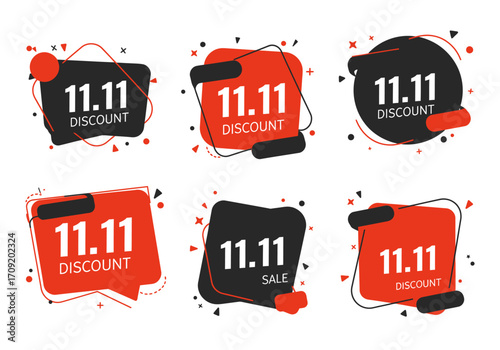 Collection of modern 11.11 discount labels and sale tags with dynamic abstract graphic elements