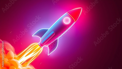 Fototapeta Naklejka Na Ścianę i Meble -  A vibrant neon rocket ship blasts off, leaving a fiery trail against a dark pink background.