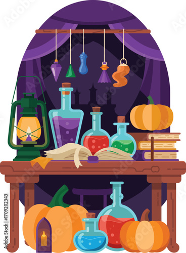 Witch s altar with potion bottles pumpkins and lantern for halloween celebration