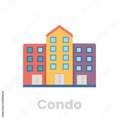 Condo building isolated on white background, showcasing modern architecture with colorful facade and symmetrical window arrangement, creating a vibrant urban living space