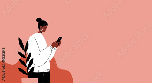Young woman works casually on laptop with coffee against a vibrant pink background. Ideal for modern remote work, digital lifestyle, or productivity concepts.