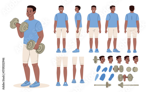 Sporty man wearing fitness clothes holding dumbbells. Character constructor for animation. Front, side and back view set. Body parts, postures, poses collection. Vector illustration. 