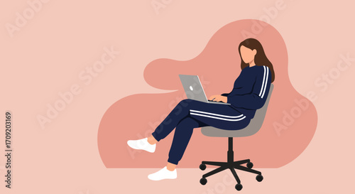 Young woman in comfortable sportswear working remotely on her laptop. Ideal for concepts of home office, freelance, productivity, and modern lifestyle.