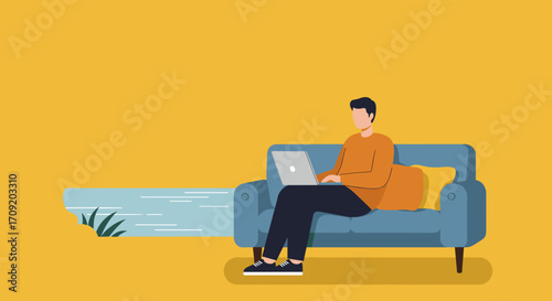 Illustration of a woman using a digital tablet, embodying modern communication, education, and relaxed digital lifestyle. Ample copy space.