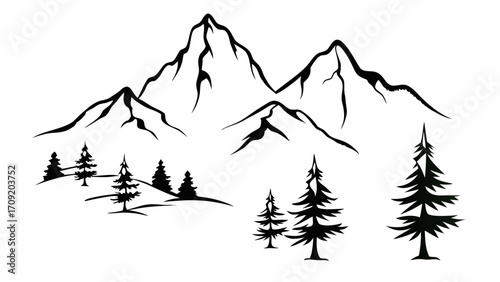 Majestic mountain range with evergreen trees, a timeless and elegant silhouette graphic element for nature lovers