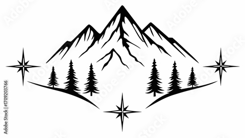 Striking mountain range scene with pines and compass stars for outdoor adventure themes