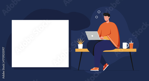 Relaxed man working remotely on his laptop, enjoying a casual setup with space for custom text/design. Ideal for business, lifestyle, and technology concepts.