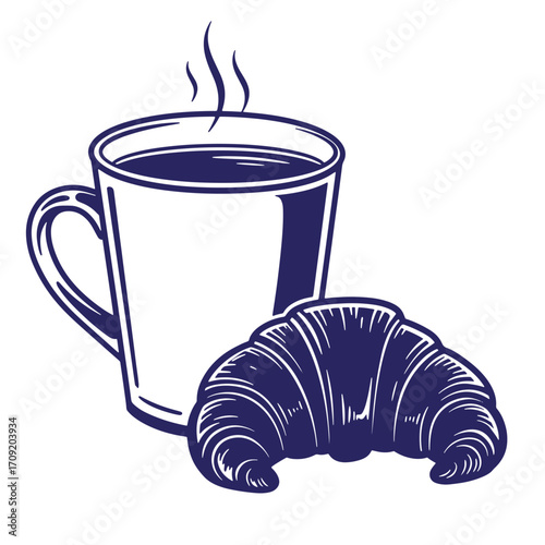 Delightful illustration of a freshly brewed coffee cup and a delicious flaky croissant
