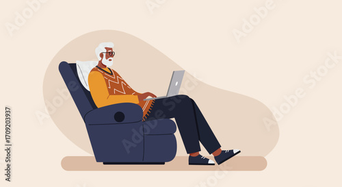 Elderly man comfortably uses a laptop in a recliner at home. Represents modern senior lifestyle, online connectivity, learning, and leisure.