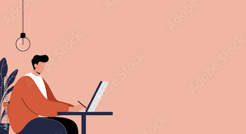 This modern minimalist illustration portrays a focused man diligently working on his laptop, symbolizing remote productivity and a contemporary digital lifestyle.