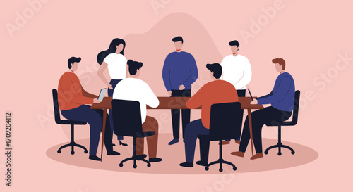 Professional team members actively engage in a collaborative business meeting, fostering teamwork and strategic discussion in a modern office.
