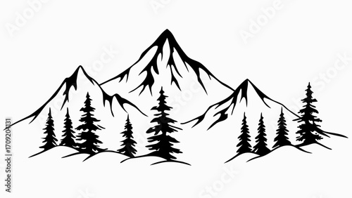 Majestic mountains and evergreens create a peaceful, calming landscape illustration for nature lovers
