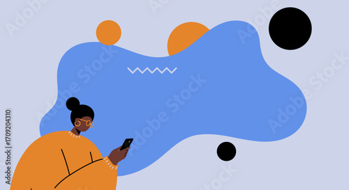 Modern illustration of a Black woman using a smartphone with an abstract blue and orange background. Represents technology, communication, and digital lifestyle for business or personal use.
