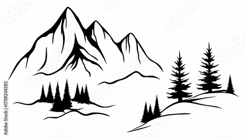 Stunning mountain range with evergreen trees, perfect for logos and nature-themed designs and outdoor adventures