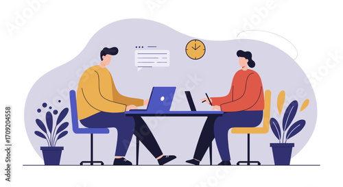 Diverse team collaborating in a modern office meeting, discussing projects and working on laptops. Represents teamwork, business strategy, and productivity.