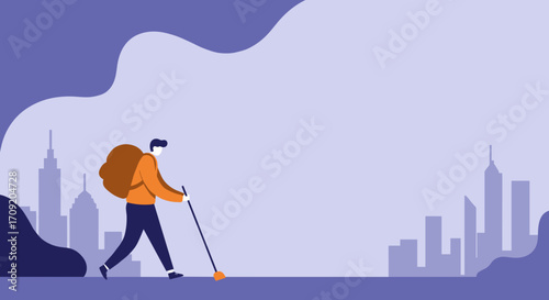 An illustrated traveler with a large backpack and walking stick embarks on an adventure, set against a modern city skyline, depicting themes of exploration and journey.