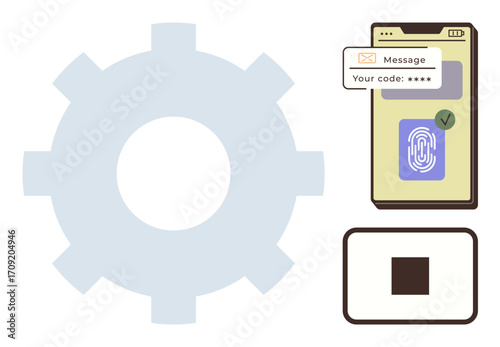 Gear, mobile phone with messages and fingerprint prompt, QR code. Ideal for security, technology, innovation, user authentication, data access process automation digital transformation. Simple flat