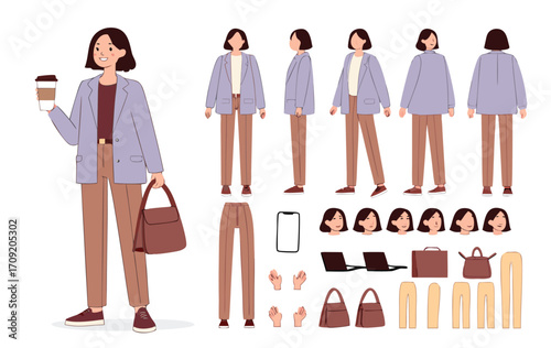 Casual business woman holding coffee cup and bag. Character constructor for animation. Front, side and back view set. Body parts, postures, poses collection. Vector illustration.